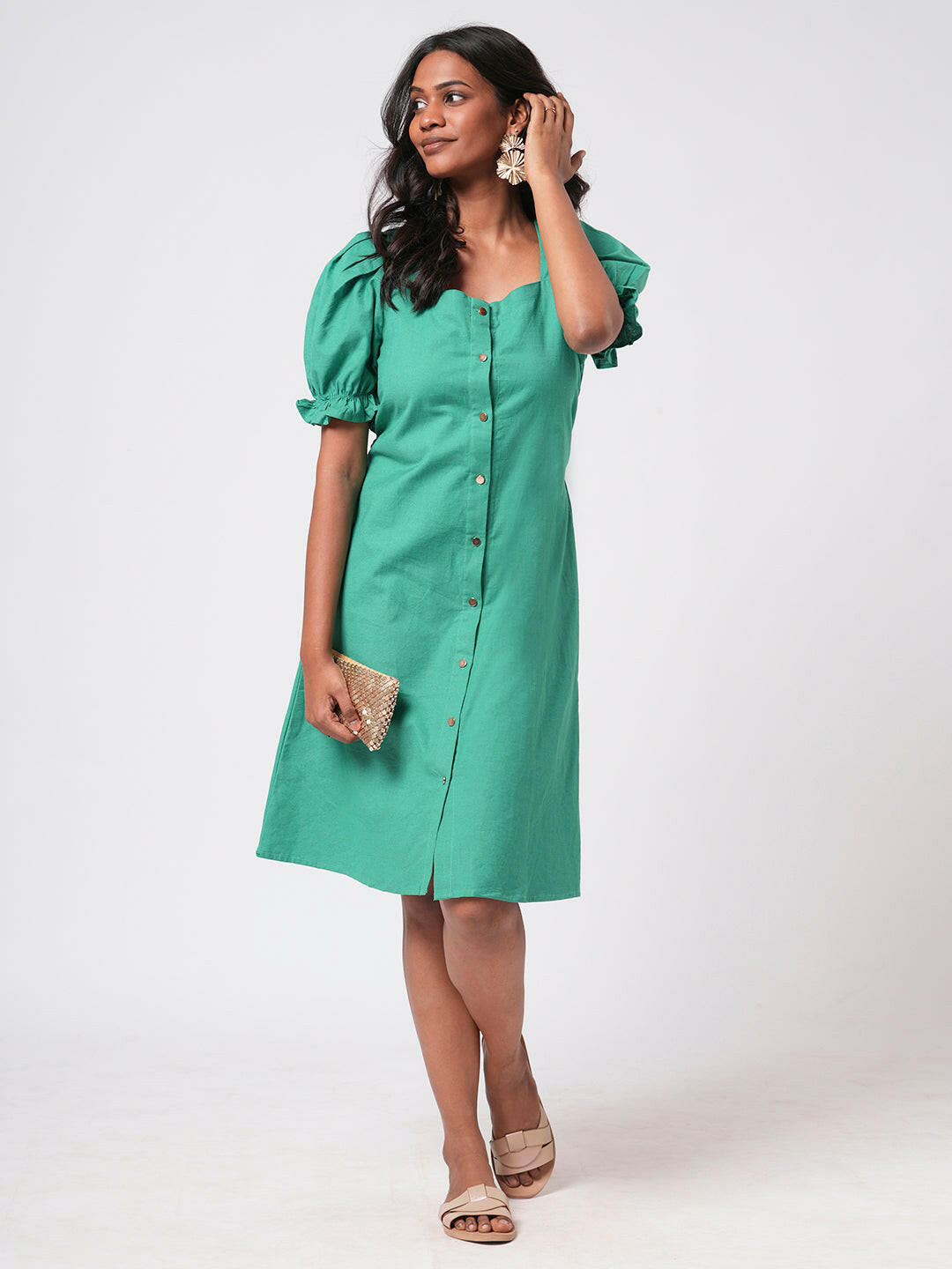 Linen Blend Puff Sleeve Dress.